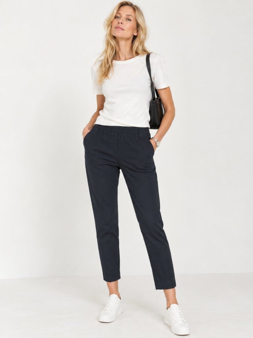Theory Navy Blue Pull-On Cropped Tapered Pants Elastic Waist Stretch Cotton 10